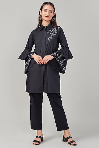 Black Cotton & Poplin Embroidered Co-Ord Set by Ek Dhaaga