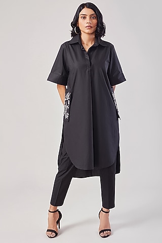 Black Cotton & Poplin Embroidered Co-Ord Set by Ek Dhaaga