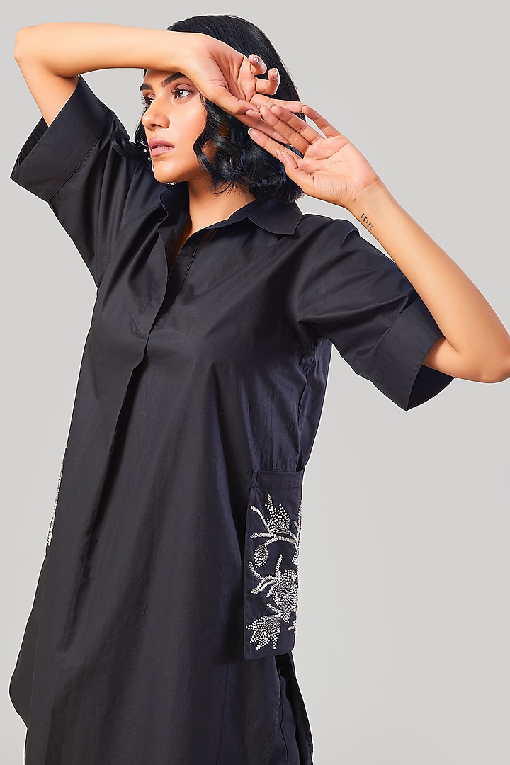 Black Cotton & Poplin Embroidered Co-Ord Set by Ek Dhaaga at Pernia's Pop Up Shop