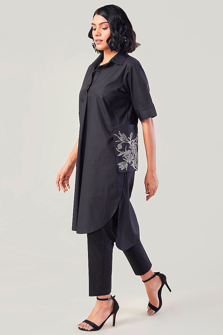 Black Cotton & Poplin Embroidered Co-Ord Set by Ek Dhaaga at Pernia's Pop Up Shop
