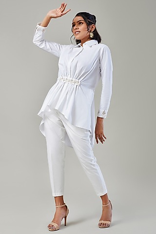 White Cotton & Poplin Embroidered Co-Ord Set by Ek Dhaaga