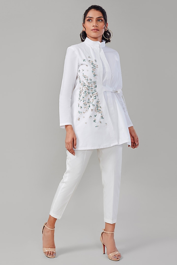 White Cotton & Poplin Embroidered Co-Ord Set by Ek Dhaaga