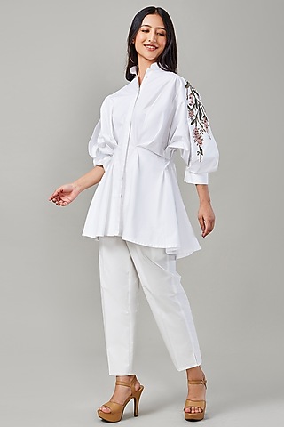 White Cotton & Poplin Embroidered Co-Ord Set by Ek Dhaaga