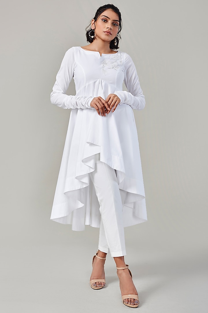 White Cotton & Poplin Embroidered Tunic Set by Ek Dhaaga
