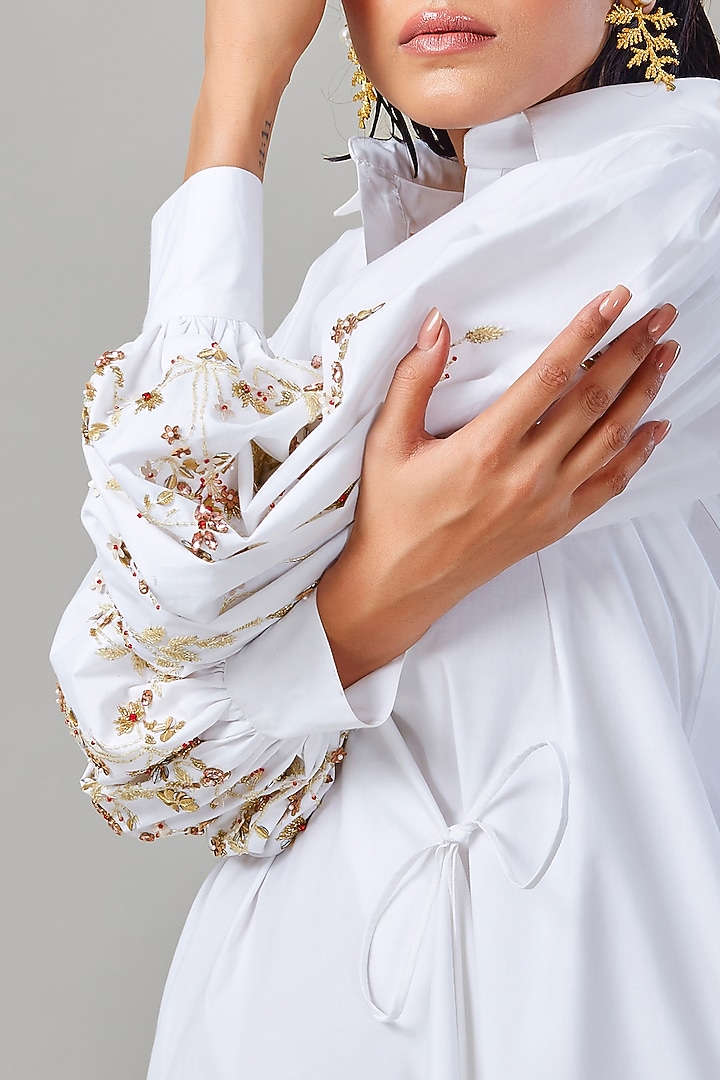White Cotton & Poplin Embroidered Summer Shirt Dress by Ek Dhaaga at Pernia's Pop Up Shop