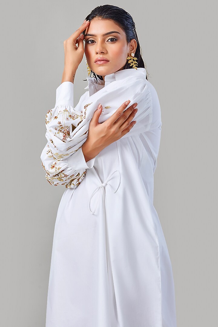 White Cotton & Poplin Embroidered Summer Shirt Dress by Ek Dhaaga at Pernia's Pop Up Shop