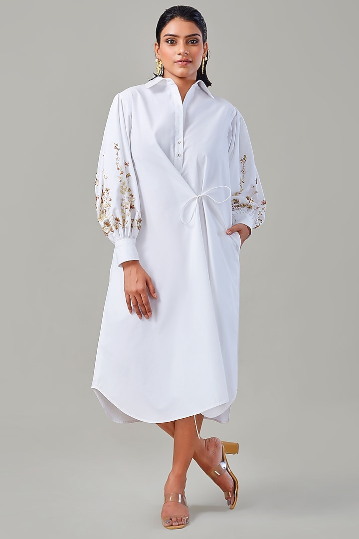White Cotton & Poplin Embroidered Summer Shirt Dress by Ek Dhaaga at Pernia's Pop Up Shop