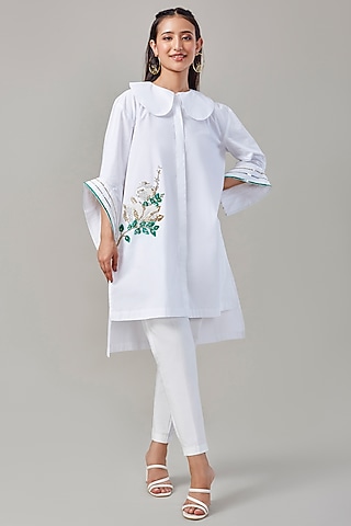 White Cotton & Poplin Embroidered Co-Ord Set by Ek Dhaaga