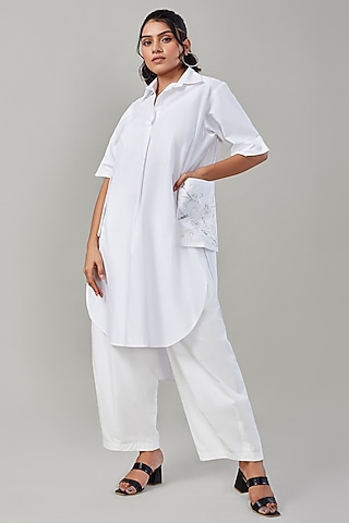 White Cotton & Poplin Embroidered Co-Ord Set by Ek Dhaaga
