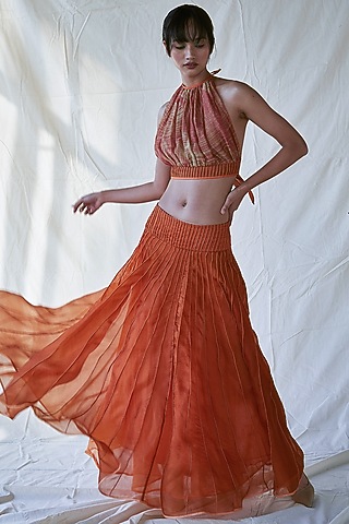 Orange Printed Top With Tie-Up by Ek Katha