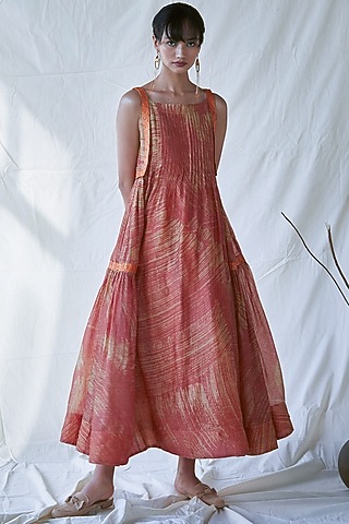 Orange Embroidered Flared Dress by Ek Katha