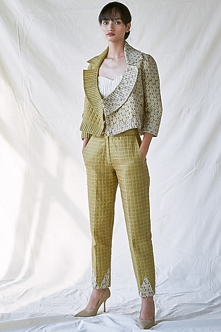 Olive Green Quilted Pencil Pants by Ek Katha