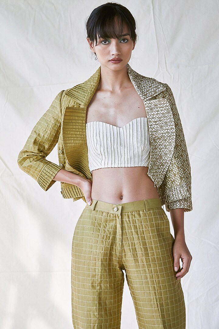 Olive Green Quilted Pencil Pants by Ek Katha at Pernia's Pop Up Shop