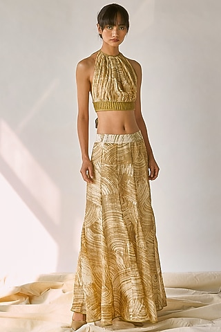 Green & White Printed Mermaid Skirt by Ek Katha