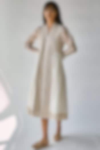 White & Beige Sheer Sleeves Vacation Dress by Ek Katha at Pernia's Pop Up Shop