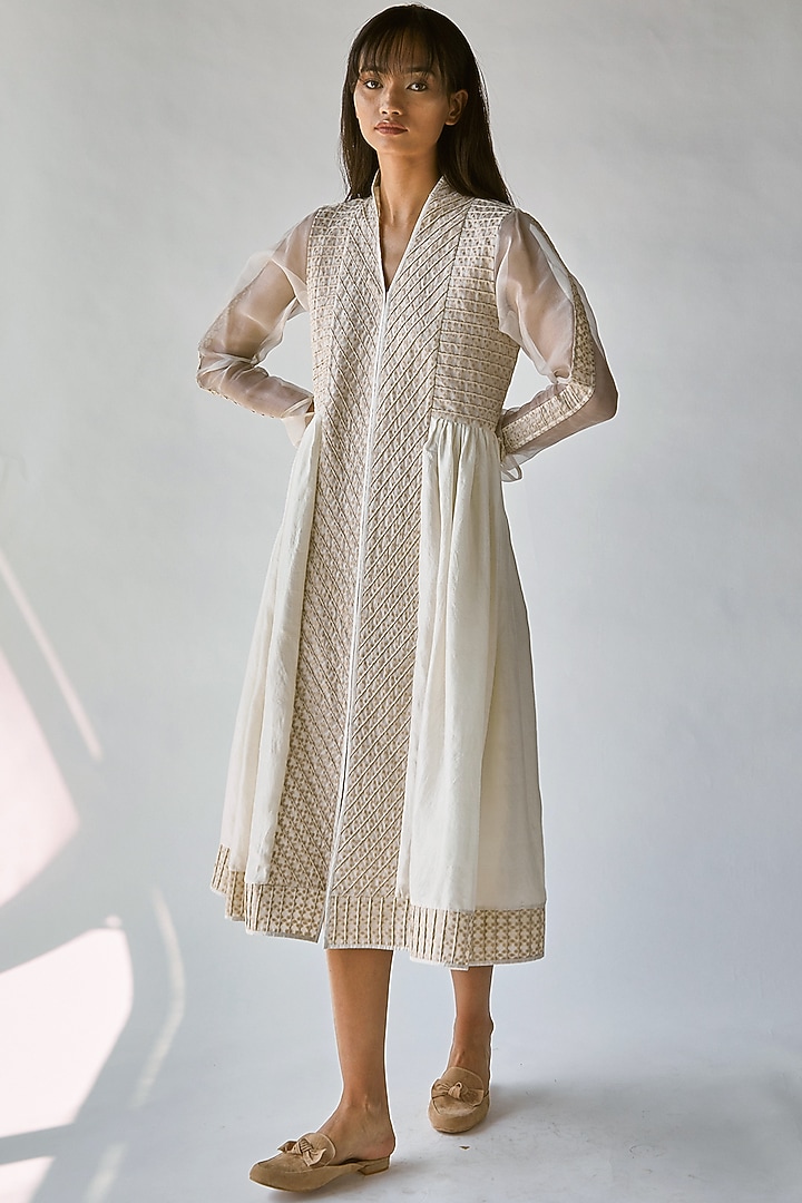 White & Beige Sheer Sleeves Vacation Dress by Ek Katha at Pernia's Pop Up Shop