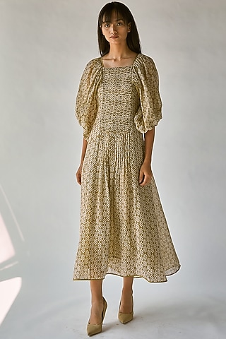Olive Green Printed Dress With Balloon Sleeves by Ek Katha