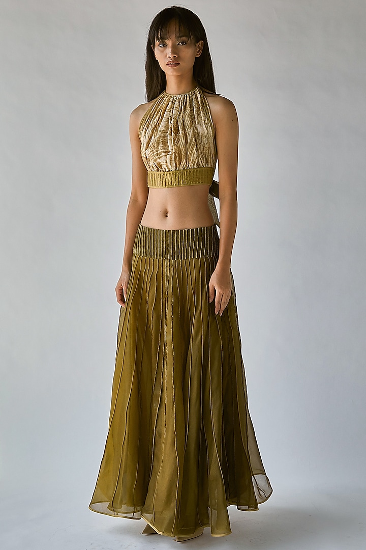 Olive Green Textured Skirt by Ek Katha at Pernia's Pop Up Shop