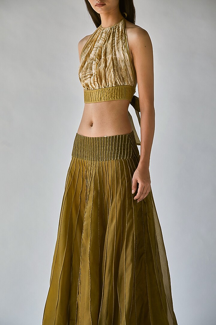 Olive Green Textured Skirt by Ek Katha at Pernia's Pop Up Shop