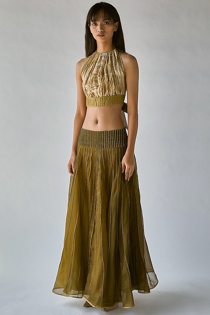 Olive Green Printed Halter Top by Ek Katha at Pernia's Pop Up Shop