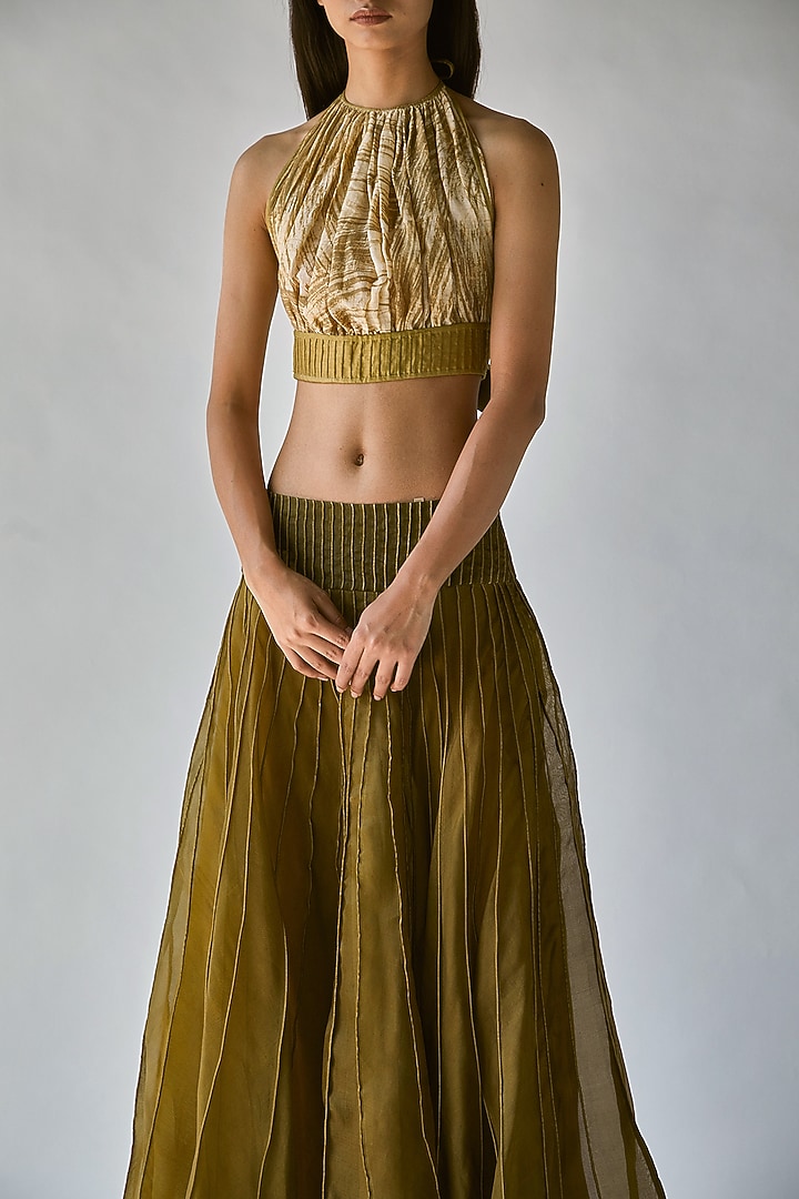 Olive Green Printed Halter Top by Ek Katha at Pernia's Pop Up Shop