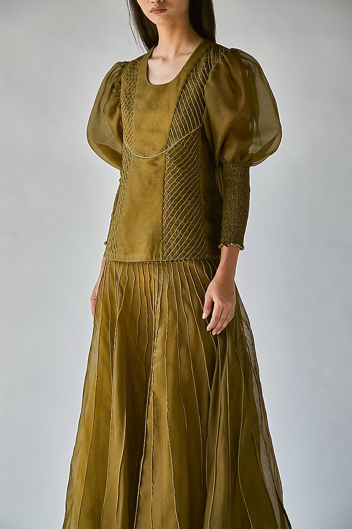 Olive Green Top With Balloon Sleeves by Ek Katha at Pernia's Pop Up Shop