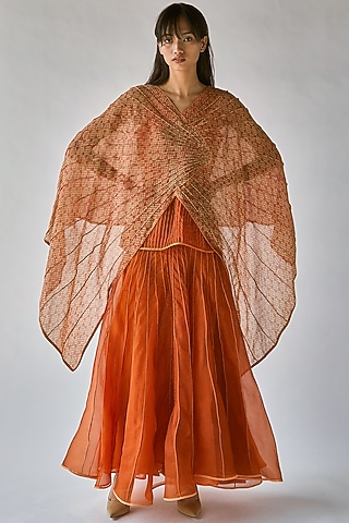 Orange Block Printed Cape Top by Ek Katha
