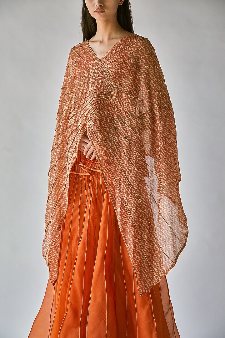 Orange Block Printed Cape Top by Ek Katha at Pernia's Pop Up Shop