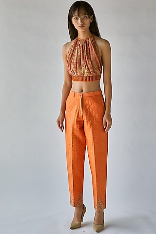 Shop Orange Handwoven Silk Pants for Women Online from India's