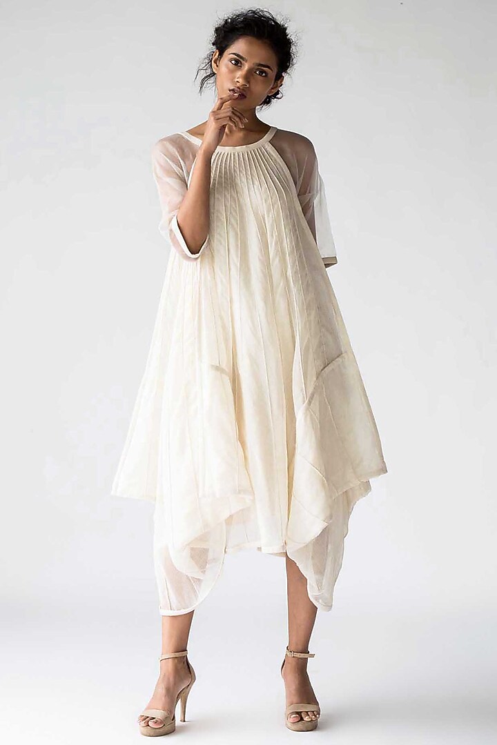 Ivory Cowl Vacation Dress With Sheer Sleeves by Ek Katha at Pernia's Pop Up Shop