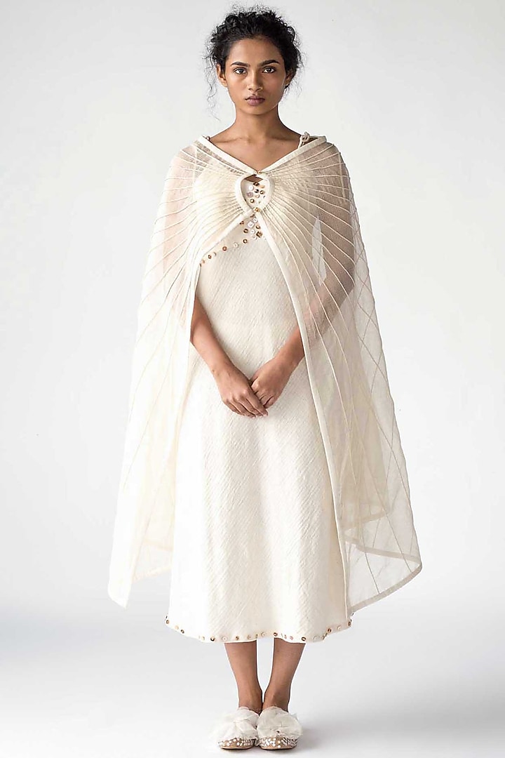 Ivory Sheer Cape With Buttons by Ek Katha