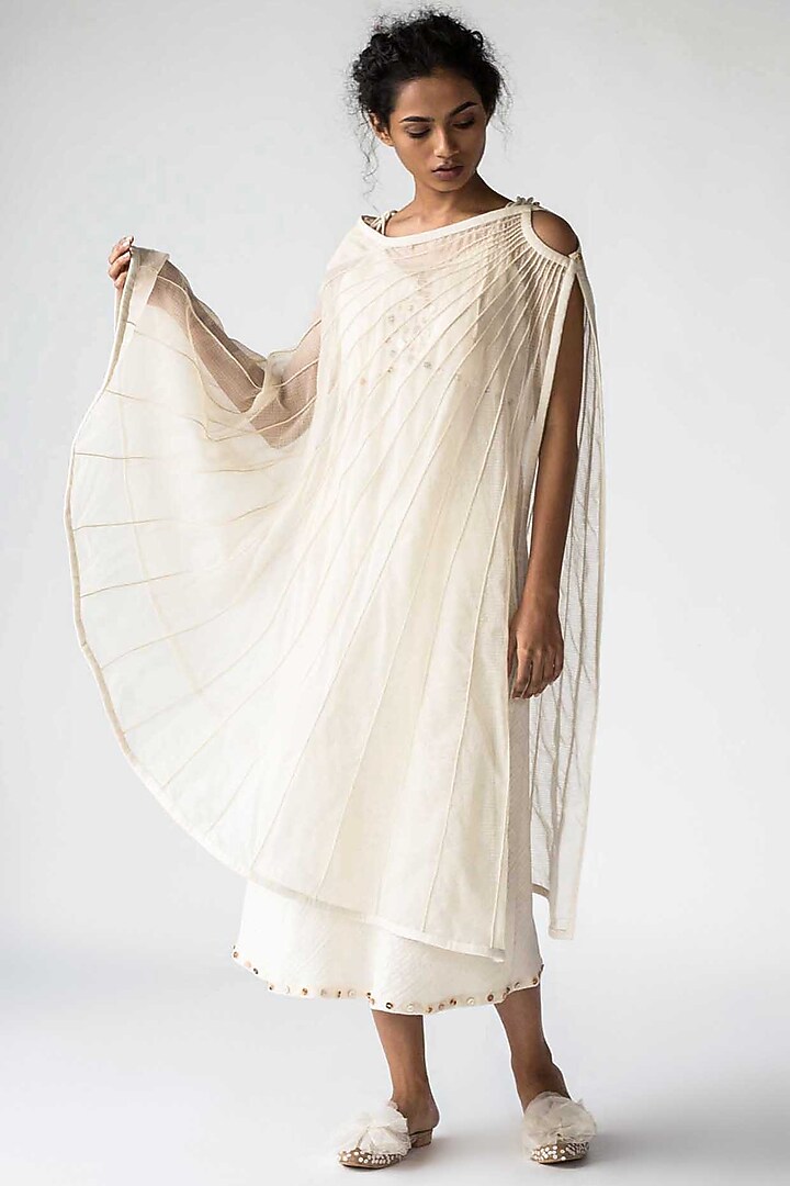 Ivory Sheer Cape With Buttons by Ek Katha at Pernia's Pop Up Shop