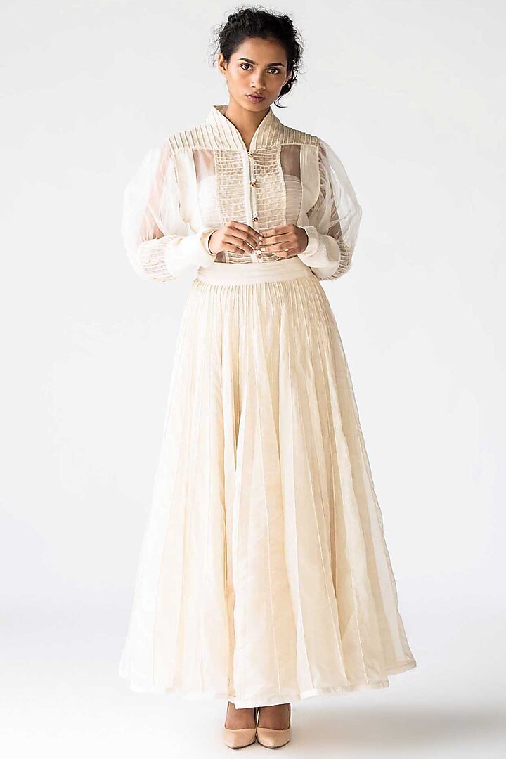 Ivory Panelled Shirt With Puffed Sleeves by Ek Katha