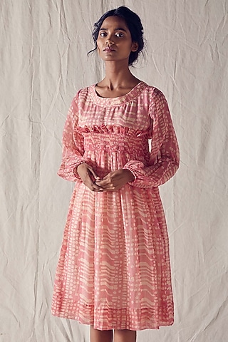 Light Red Printed Smocked Dress by Ek Katha