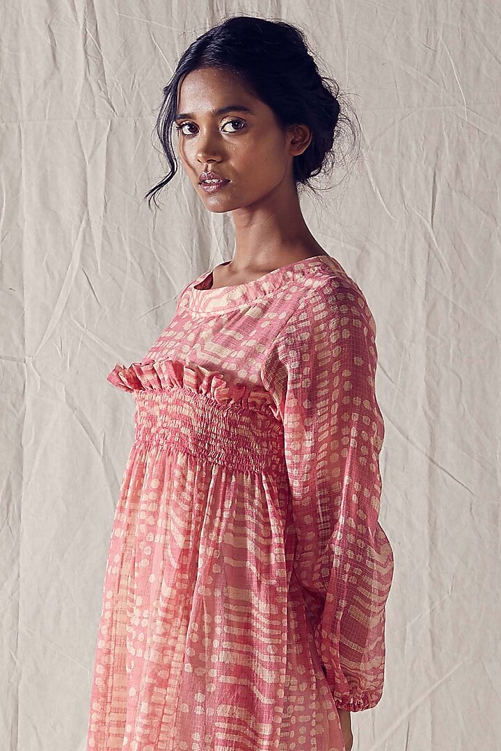 Light Red Printed Smocked Summer Dress by Ek Katha at Pernia's Pop Up Shop