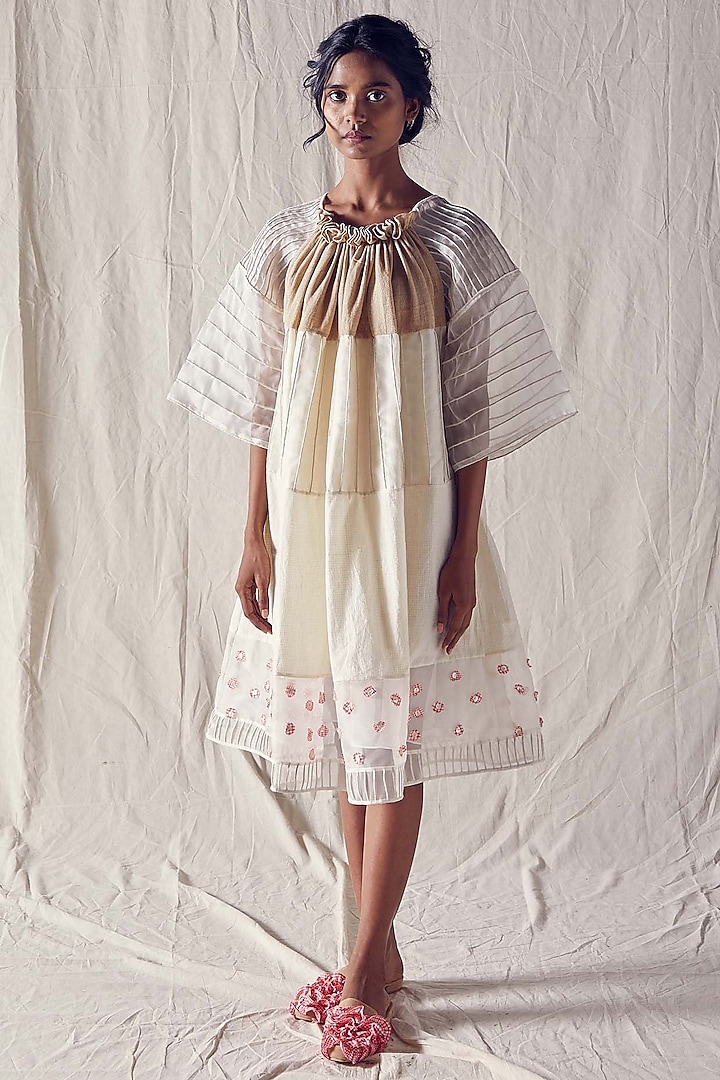 Ivory & Beige Silk Organza Three-Tiered Dress by Ek Katha
