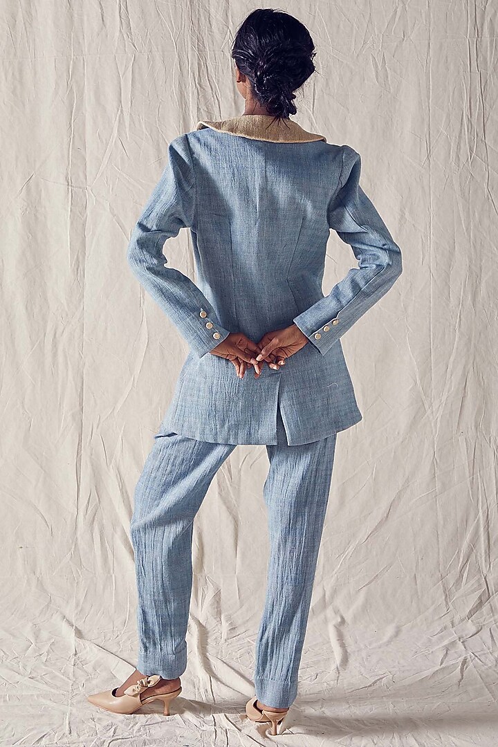 Indigo Blue & Beige Double-Breasted Blazer Set by Ek Katha at Pernia's Pop Up Shop