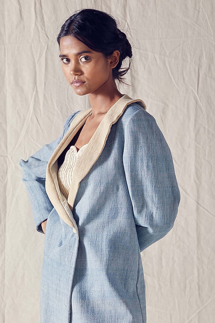 Indigo Blue & Beige Double-Breasted Blazer Set by Ek Katha at Pernia's Pop Up Shop