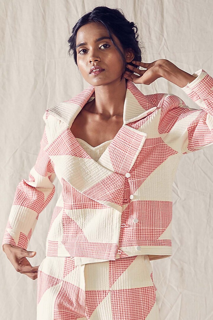 Ivory & Light Red Khadi Cotton Wrap Jacket Set by Ek Katha at Pernia's Pop Up Shop