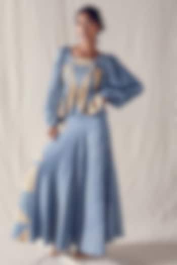 Indigo Blue & Beige High-Waisted Flared Skirt Set by Ek Katha