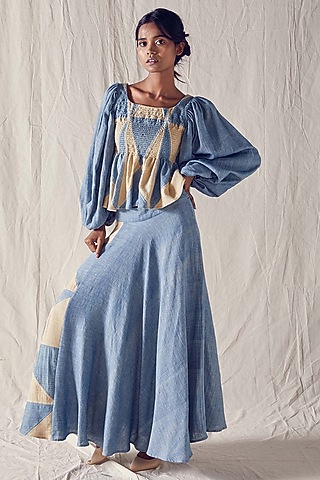 Indigo Blue & Beige High-Waisted Flared Skirt Set by Ek Katha