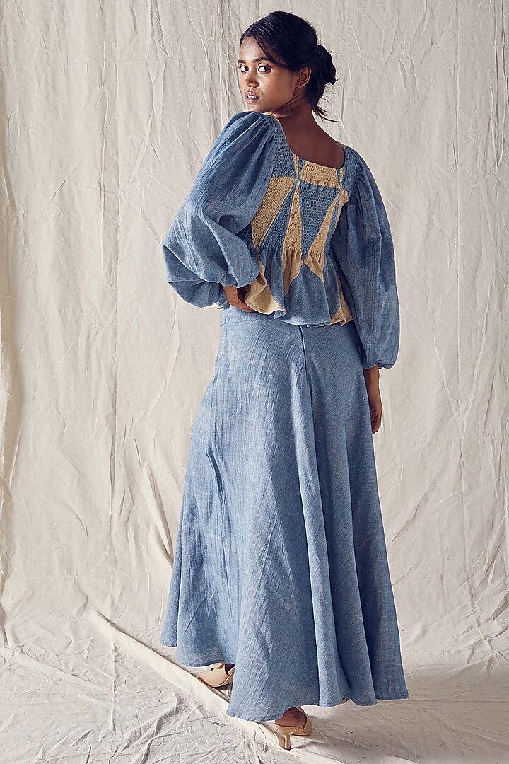 Indigo Blue & Beige High-Waisted Flared Skirt Set by Ek Katha at Pernia's Pop Up Shop