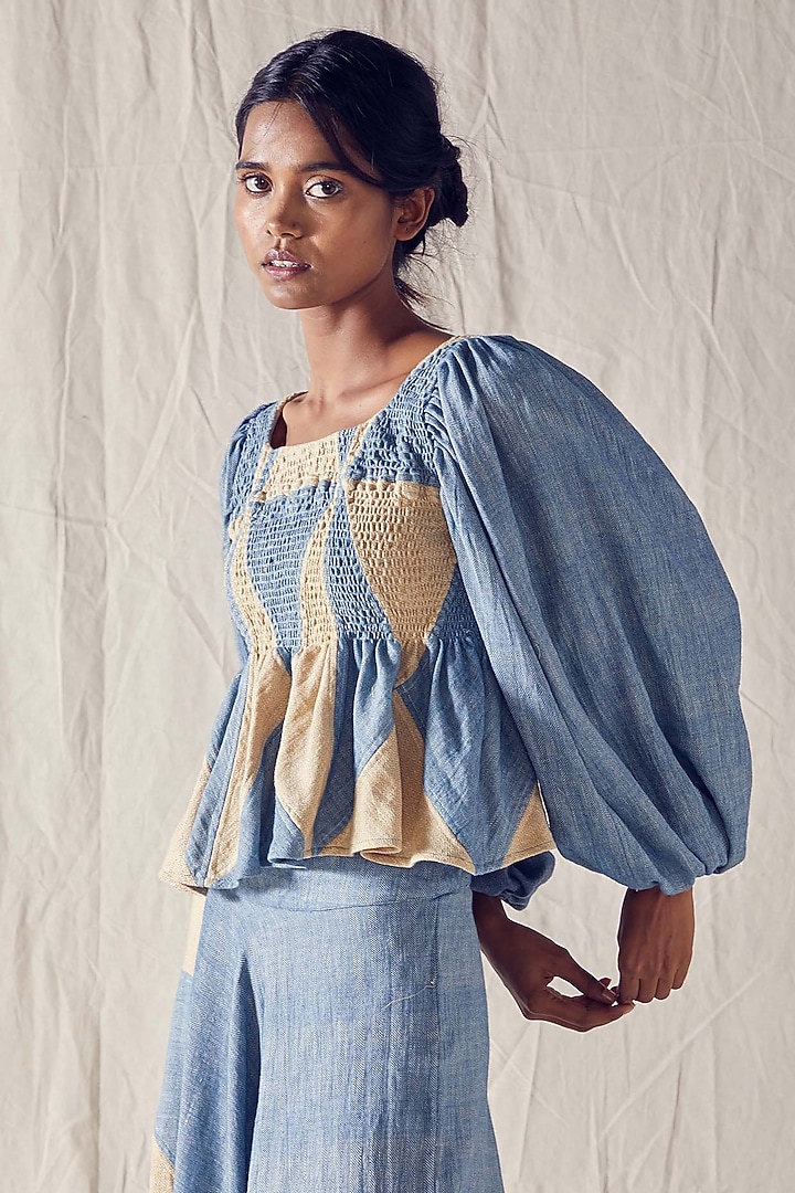 Indigo Blue & Beige High-Waisted Flared Skirt Set by Ek Katha at Pernia's Pop Up Shop