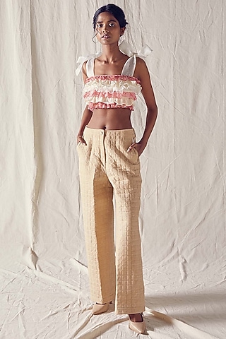 Beige Organic Cotton High-Waisted Wide-Leg Pants by Ek Katha