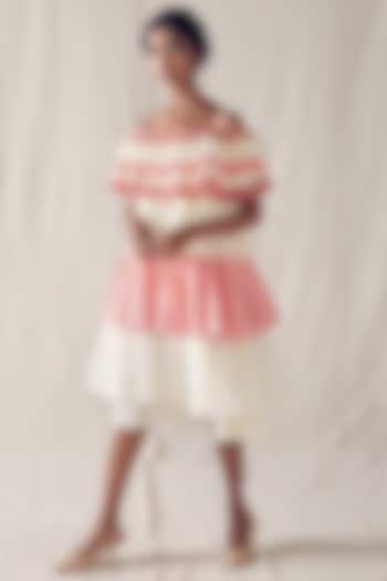 Ivory & Light Red Khadi Cotton Off-Shoulder Tiered Dress by Ek Katha