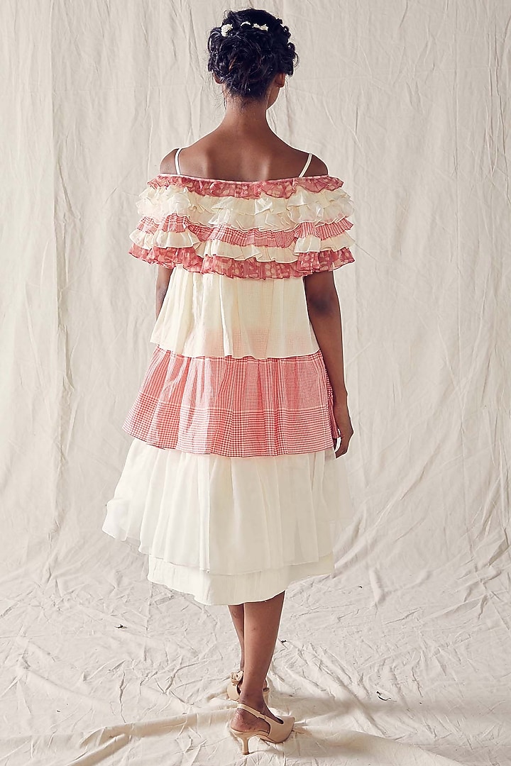 Ivory & Light Red Khadi Cotton Off-Shoulder Tiered Summer Dress by Ek Katha at Pernia's Pop Up Shop