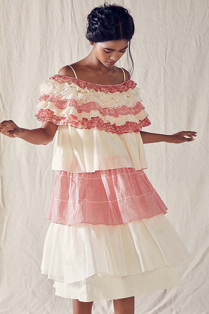 Ivory & Light Red Khadi Cotton Off-Shoulder Tiered Summer Dress by Ek Katha at Pernia's Pop Up Shop