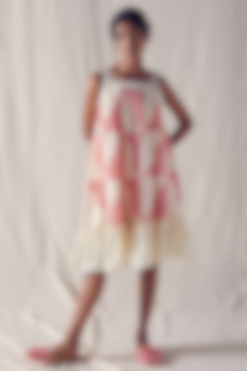 Ivory & Light Red Khadi Cotton Knee-Length Dress by Ek Katha at Pernia's Pop Up Shop