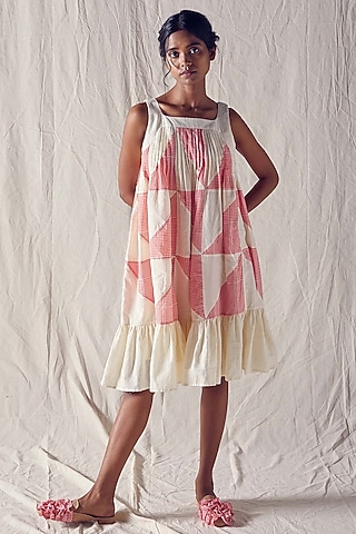 Ivory & Light Red Khadi Cotton Knee-Length Dress by Ek Katha