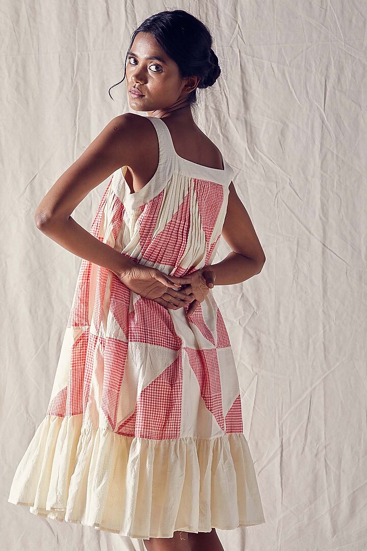 Ivory & Light Red Khadi Cotton Knee-Length Summer Dress by Ek Katha at Pernia's Pop Up Shop
